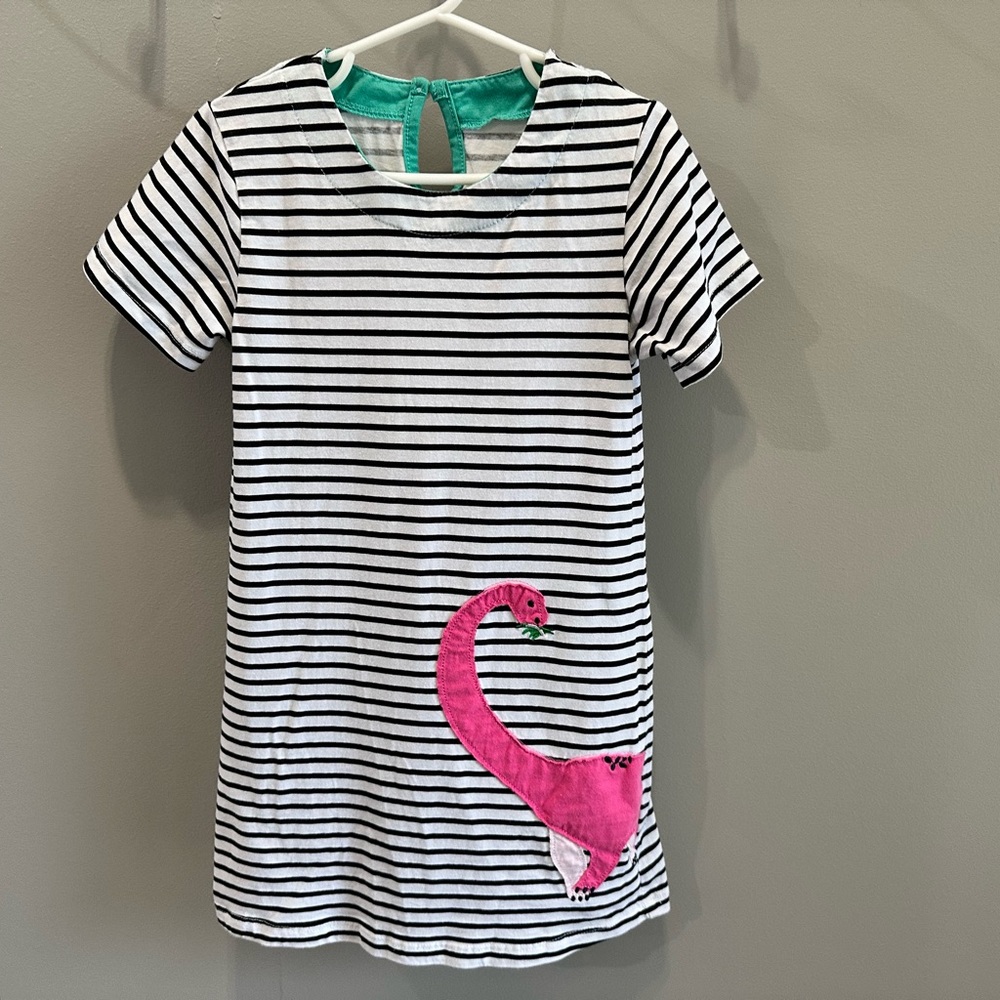 Striped Tee Dress with Pink Dinosaur Applique